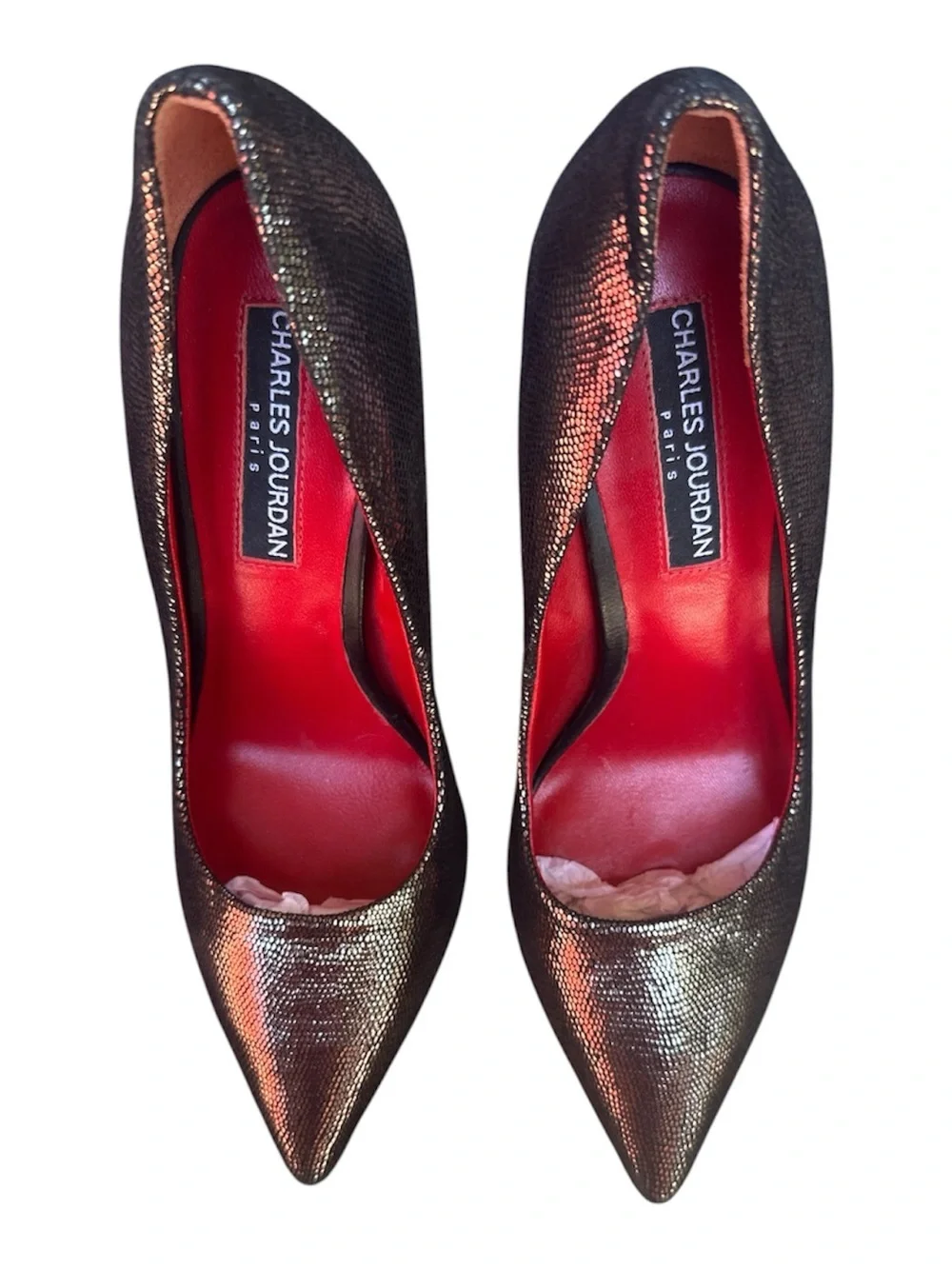 NWT Charles Jourdan Paris Metallic Bronze Reptile Pumps Heels Size 6M